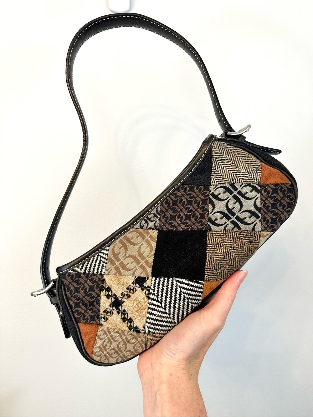 2000’s Patchwork Fossil Mini Shoulder Purse, Leather Bag, Y2K, Quilted Tuscan B1